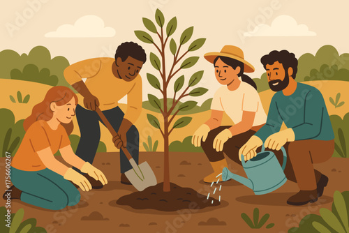 Diverse group of people planting tree together in green field  