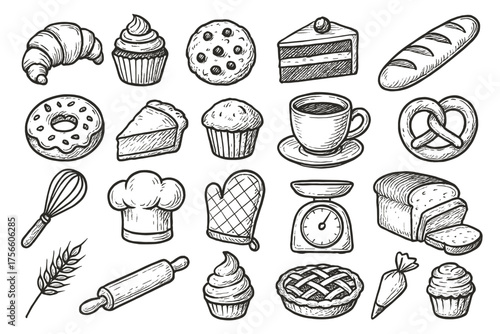 Hand-drawn illustrations of various baked goods and kitchen utensils  