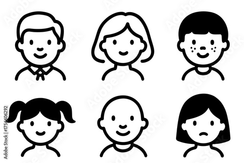 Illustrations of diverse children with various expressions and features  