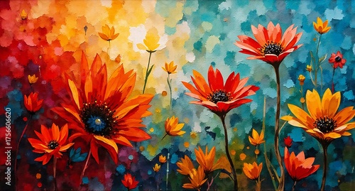 Vibrant, impressionistic painting of a lively flower field bursting with colorful blossoms. Rich reds, oranges, and yellows blend into cool blues.