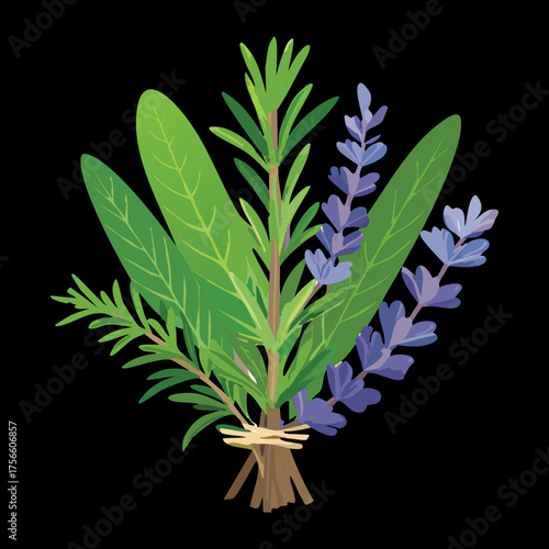 Simple illustration of a fragrant bouquet containing long green herbal leaves and purple lavender flowers tied