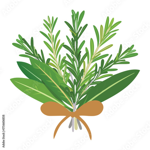 Vibrant mixed herbs bouquet featuring rosemary sprigs and other savory greens tied with a brown rustic string