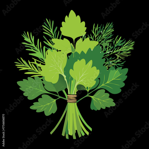 Dark moody illustration of a fresh aromatic herb bundle with various leaves tied together for culinary use