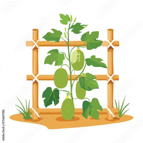 Cucumber vine with large green fruits climbing a simple wooden trellis in a garden setting vector illustration