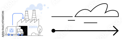 Recycling truck enters sustainable factory emitting clean air with abstract arrow design symbolizing progress. Ideal for sustainability, technology, environment, industrial growth, renewable energy