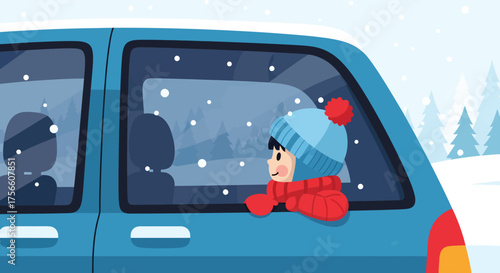 Winter Road Trip Child in Car Watching Snowfall, Illustration