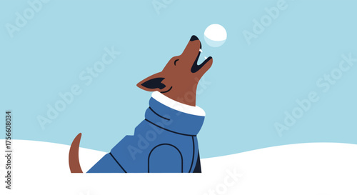 Dog Playing with Snowball in Winter, Cartoon Illustration
