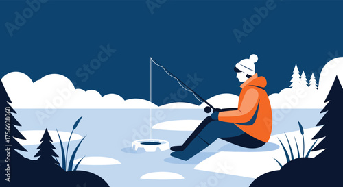 Ice Fishing Illustration Winter scene with Fisherman on Frozen Lake