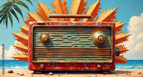 A weathered vintage radio rests on a sun-kissed beach, framed by vibrant tropical leaves and the sparkling ocean. Pure summer bliss.