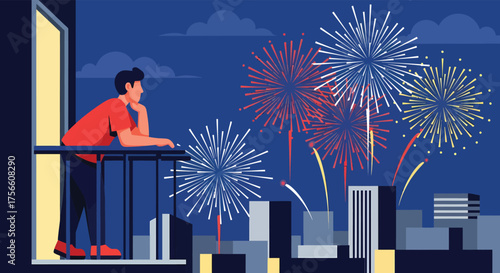 Man Watching Fireworks from Balcony, Celebration, City at Night, Festive Atmosphere
