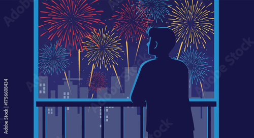 Person watching fireworks from balcony, city skyline at night, celebration, abstract illustration