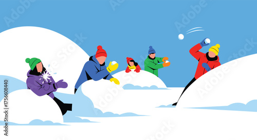 Children Having Fun Playing Snowball Fight in Winter Snow