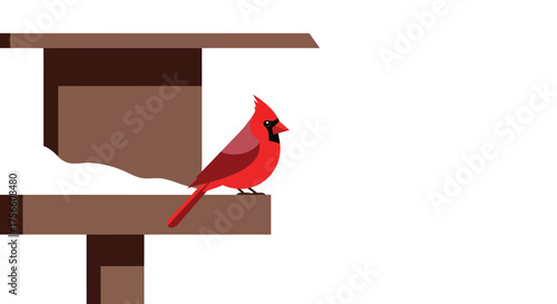 Bright Red Cardinal Bird Perched on Wooden Bird Feeder with Snow