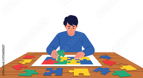Boy Solving Jigsaw Puzzle, Strategy and Problem Solving Concept, Educational Activity