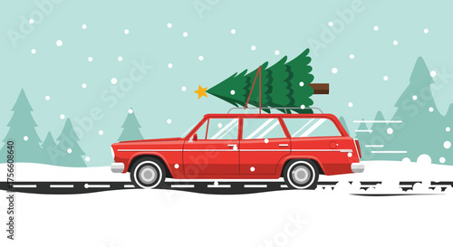 Red Station Wagon Car Carrying Christmas Tree on Roof Rack, Snowing Winter Drive