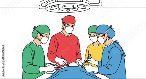 Surgical team performing operation under bright overhead lights