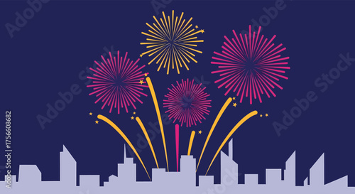 Fireworks Display Over City Skyline Silhouette at Night, Celebration