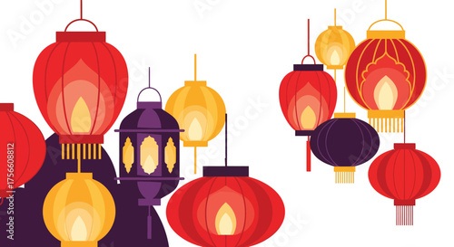 Colorful Chinese Lanterns Hanging, Festive Asian Celebration, Ramadan Eid Decoration