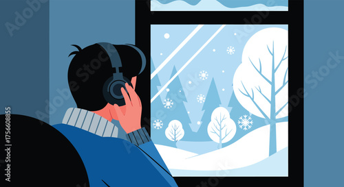 Man with Headphones Watching Snowfall from Window, Cozy Winter Scene
