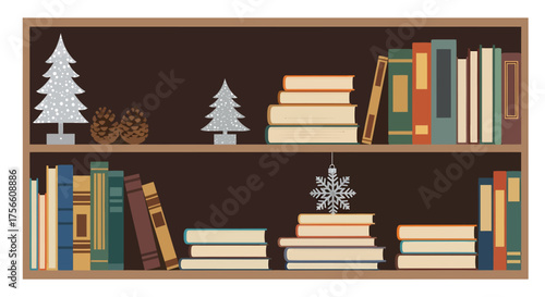 Cozy Bookcase with Christmas Decorations and Books, Winter Theme