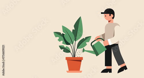 Man Watering Potted Plant, Gardening, Houseplant Care, Home Gardening and Sustainability