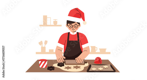 Man in Santa Hat Baking Christmas Cookies with Rolling Pin Flat Illustration