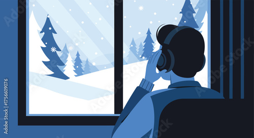 Person Wearing Headphones Listening to Music While Looking Out Snowy Window