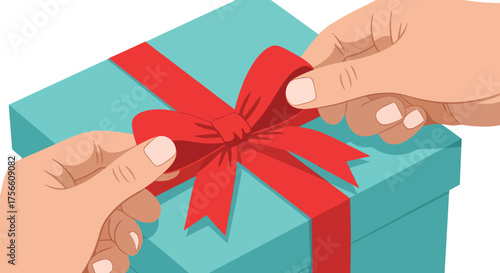 Hands Tying Red Ribbon Bow on Turquoise Gift Box, Celebration Concept