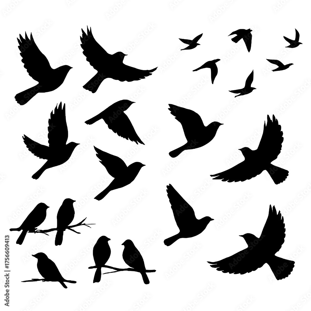 Fototapeta premium Soaring Silhouettes: A flock of birds, captured in striking black silhouette against the backdrop, symbolizing freedom, movement, and the beauty of nature.