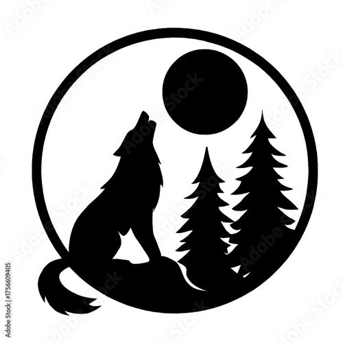 Howling Wolf Silhouette: An illustrative silhouette captures a wolf's primal call under the watchful gaze of a full moon, enhanced by the presence of towering evergreen trees.
