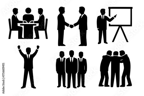 Business Silhouette: a series of business-related vector graphics featuring diverse figures engaged in activities signifying communication, collaboration, and achievement within a corporate setting.