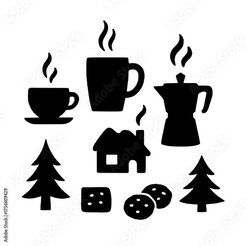 Cozy winter Icons: Capturing the essence of comfort, featuring steam rising from warm mugs, a welcoming cottage, and festive cookies, inviting a sense of peaceful warmth and the simple joys of winter.