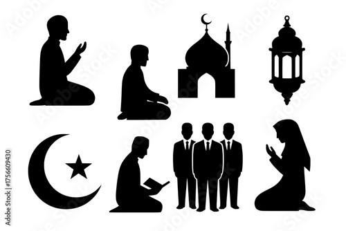 Islamic Symbols and People Silhouette: A collection of iconic Islamic silhouettes, depicting prayer, worship, mosques, lanterns, and the crescent moon, stars, and people.