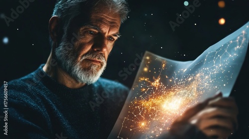 Experienced male astronomer analyzing star chart in cosmic setting night sky digital art introspective viewpoint