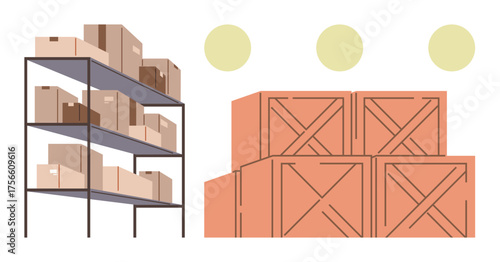 Warehouse shelves stacked neatly with boxes and wooden crates nearby, indicating organized storage and logistics. Ideal for supply chain, organization, inventory, efficiency, retail, warehouse