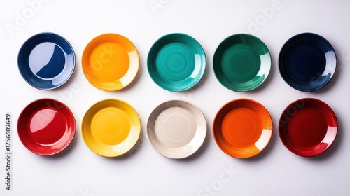 Colorful plates arranged on a white background