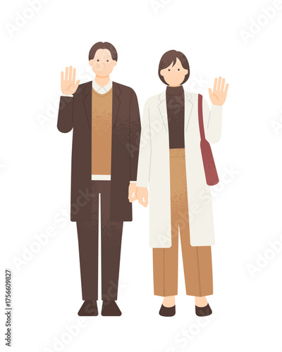 秋冬コーデのカップルが手を振る 正面を向いて手を振る冬服の男女のイラスト