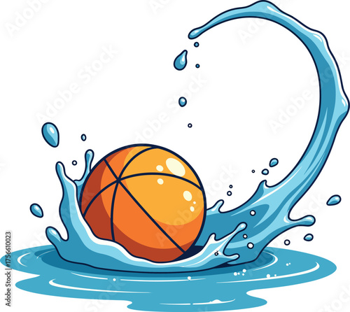Dynamic sports illustration featuring a basketball creating a big splash in water, a fun and active cartoon design