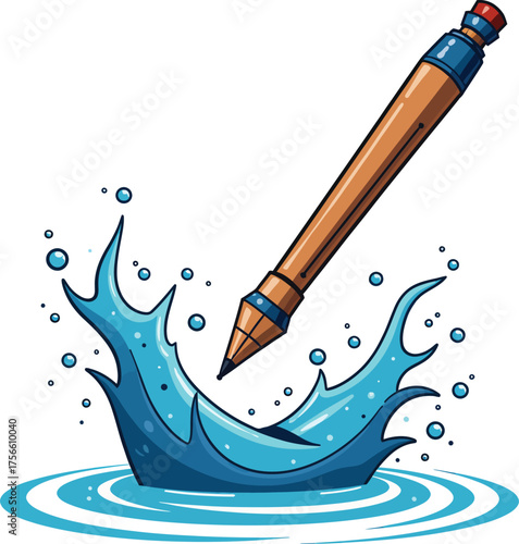 Illustration of a cartoon pencil dipping into a water splash, representing the flow of creativity and artistic expression