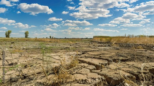 Land Degradation with cracked, dry soil, sparse withered grass, and eroded earth patches, under a bright sun in a rural or semi-arid area, showing signs of soil infertility and loss of vegetation cove