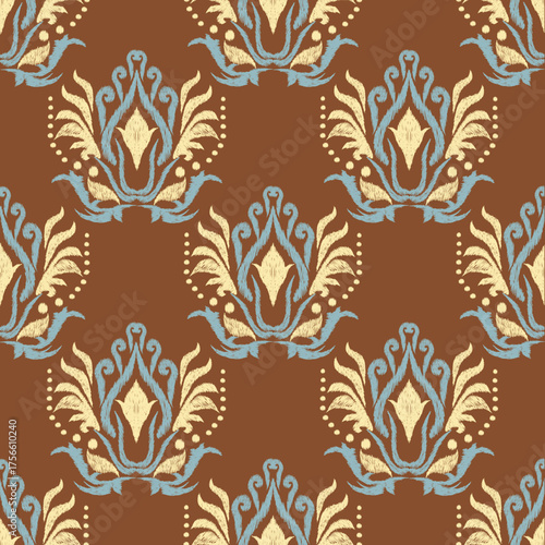 Ikat-style damask patterns in various vibrant and earth-toned colors, featuring a textured, handcrafted look perfect for textiles or wallpaper.