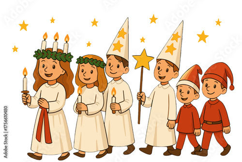 Traditional Sankta Lucia parade with children dressed as Lucia, star boys (stjärngossar) and Christmas elves (tomtenissar), perfect for ads, posters and activity materials for schools and preschools.
