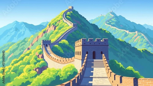 The Great Wall of China A Majestic Ancient Structure Winding Through Lush Green Mountains Under a Clear Blue Sky