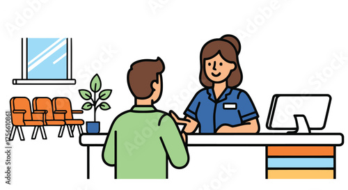 Patient interacting with receptionist at medical office desk