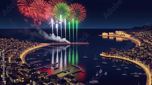 Spectacular fireworks light up a coastal city harbor with boats and waterfront buildings at night