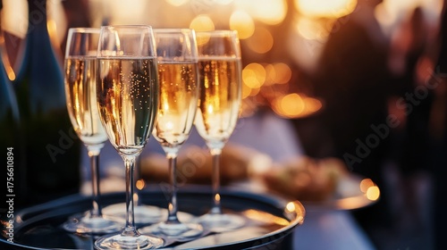 Champagne glasses on tray at outdoor party at sunset