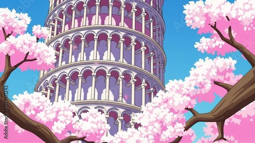 A majestic architectural marvel with a distinct circular design, nestled amongst blooming cherry blossom trees on a clear day