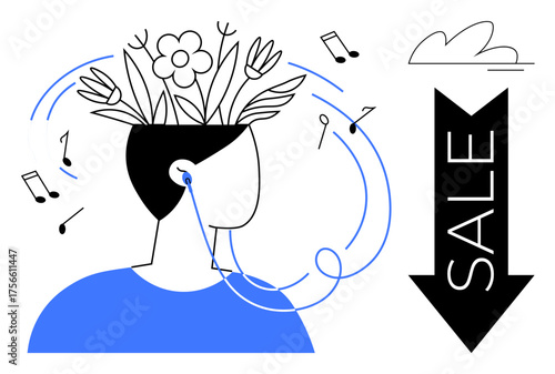 Head with plants, flowers, and music notes sprouting, person wearing headphones. Sale arrow included. Ideal for creativity, mindfulness, nature, music retail marketing simple flat metaphor
