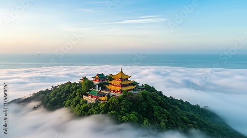 Majestic temple nestled atop a misty mountain peak, offering breathtaking panoramic views of the serene ocean and sky