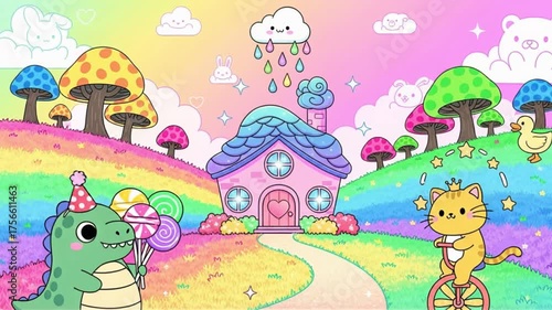 Charming Kawaii Landscape with Cute Animals and Whimsical Elements
